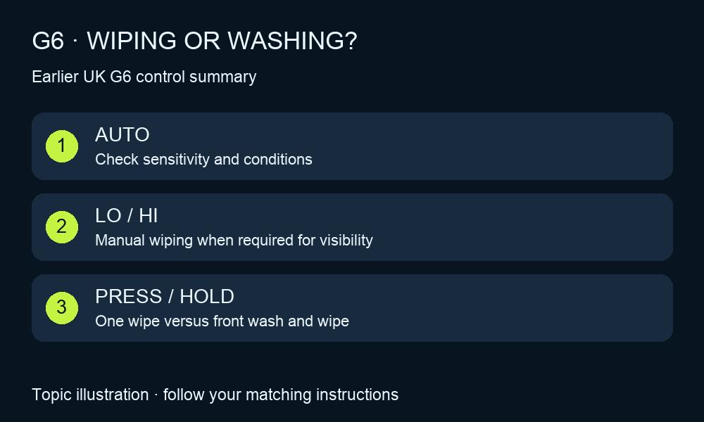 G6 wiper control summary: AUTO sensitivity, manual LO/HI and washer press versus hold