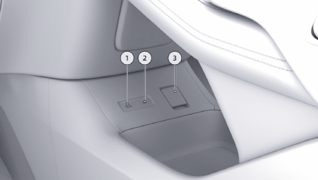 X9 MY26 front armrest sockets numbered 1 USB media, 2 Type-C power and 3 12-volt outlet